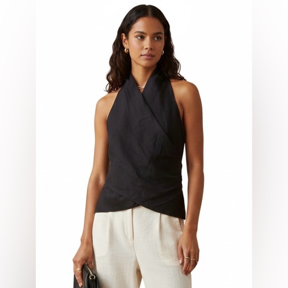 Zara Black 100% Cotton Halter Neck Racer Back Draped Wrap Blouse Size XS